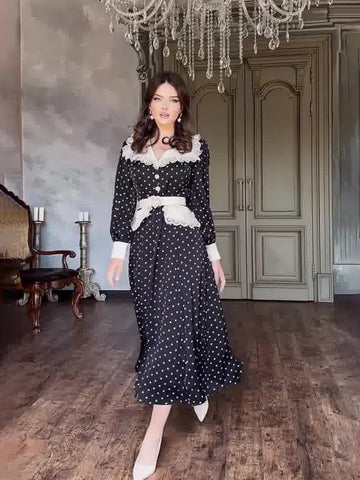 Woochic robe à manches longues col en V trapèze à pois dentelle noir S
